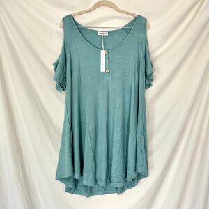 Larace Plus Size Cold Shoulder Tunic Top in teal green denim blue 2X